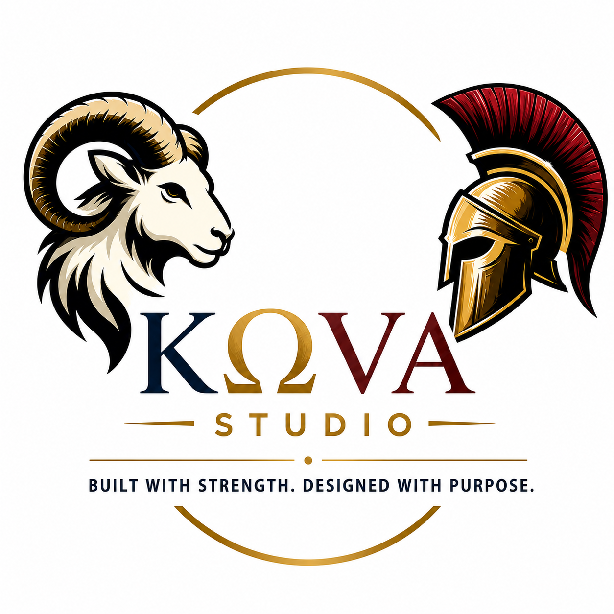 KΩVA Studio logo — ram and Spartan helmet flanking the KΩVA Studio wordmark
